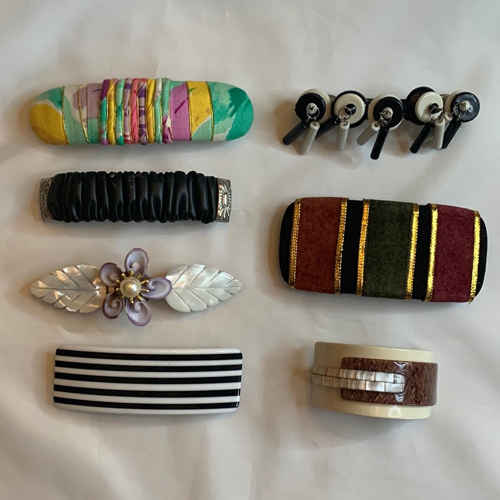 Lot of 7 Vtg 80’s Barrettes Fabric, Suede, Faux Leather, Plastic, Shell
